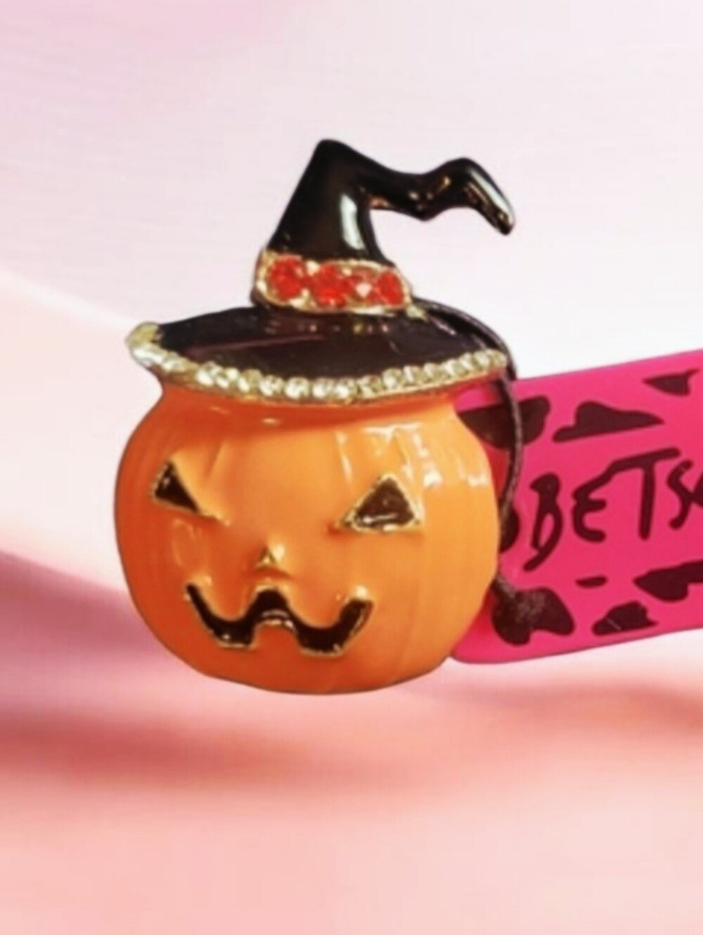 Orange Pumpkin Pin with Black Witch Hat and Pink Tag Trendy